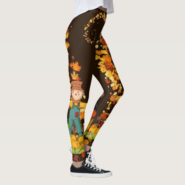 Fall Scarecrow Autumn Leaves Pretty Black or Brown Leggings (Right)