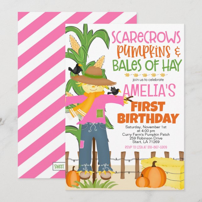 Fall Scarecrow Pumpkin Girl Birthday Invitation (Front/Back)