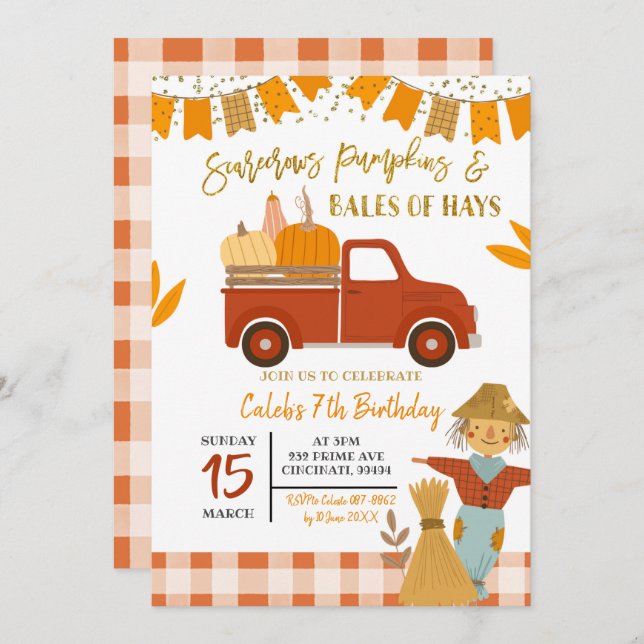 Fall scarecrows pumpkin birthday invitation (Front/Back)