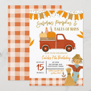Fall scarecrows pumpkin birthday invitation