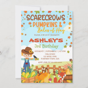 FALL SCARECROWS PUMPKINS & BALES OF HAY BIRTHDAY  INVITATION