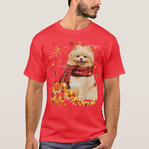Fall Scarf Pomeranian Dog Autumn Falling Leaves T-Shirt
