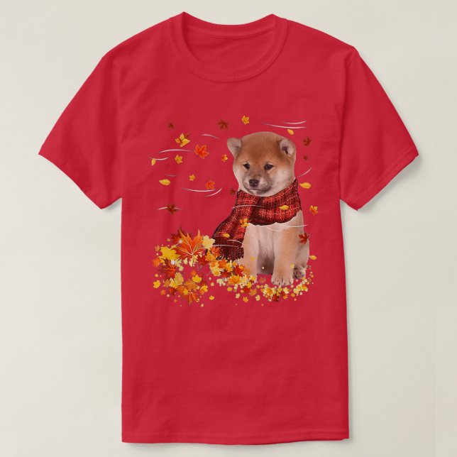 Fall Scarf  Shiba Inu Dog Autumn Falling Leaves  T-Shirt (Design Front)