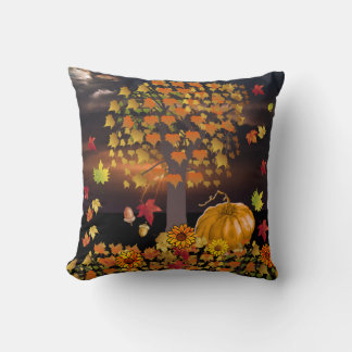 Fall Scene on Front Autumn Leaves Stripes on Back Cushion