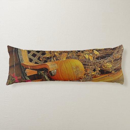 Image of Fall Scene - Pumpkin and Bittersweet Vine On Bench Body Cushion