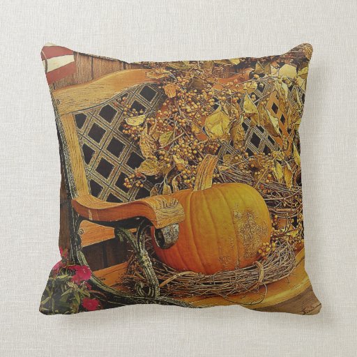 Image of Fall Scene - Pumpkin and Bittersweet Vine On Bench Cushion