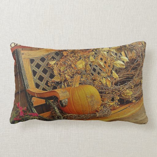 Image of Fall Scene - Pumpkin and Bittersweet Vine On Bench Lumbar Cushion