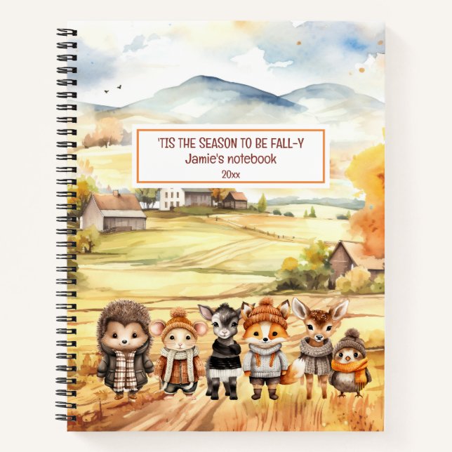 Fall Scenery Friends Cute Animals Name Notebook (Front)