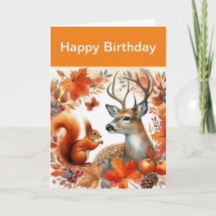 Fall Season Deer and Leaves Birthday Greeting Card