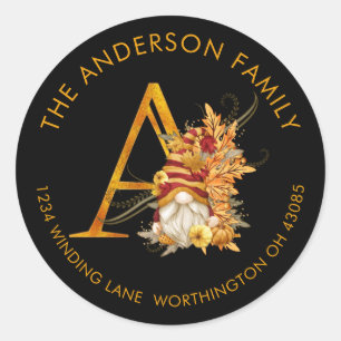 Fall Season Gnome Monogram Letter A Address Label