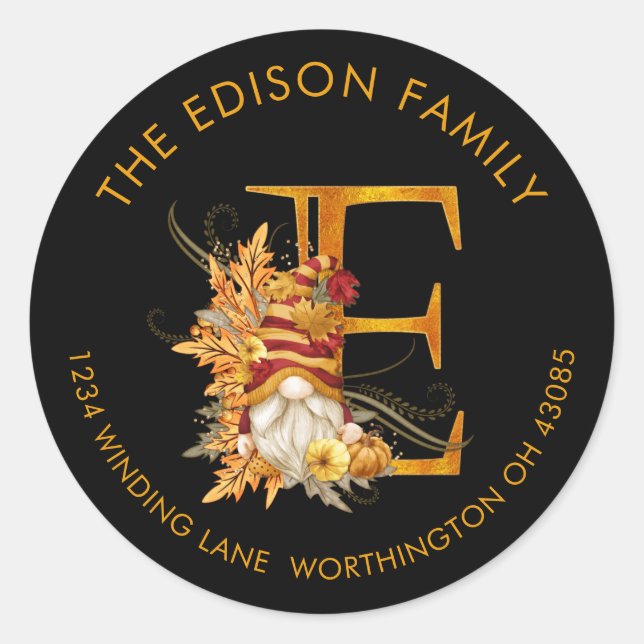 Fall Season Gnome Monogram Letter E Address Label (Front)