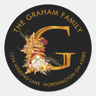 Fall Season Gnome Monogram Letter G Address Label