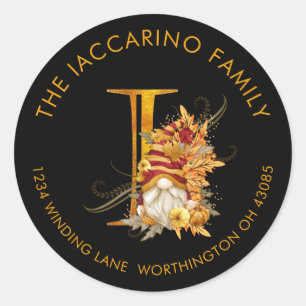 Fall Season Gnome Monogram Letter I Address Label