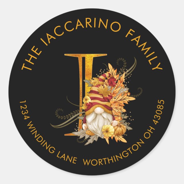 Fall Season Gnome Monogram Letter I Address Label (Front)