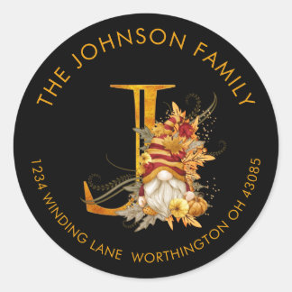 Fall Season Gnome Monogram Letter J Address Label