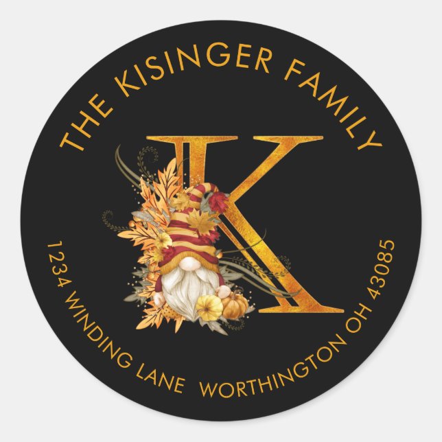 Fall Season Gnome Monogram Letter K Address Label (Front)