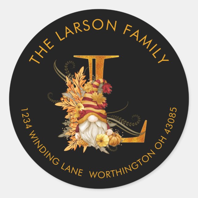 Fall Season Gnome Monogram Letter L Address Label (Front)