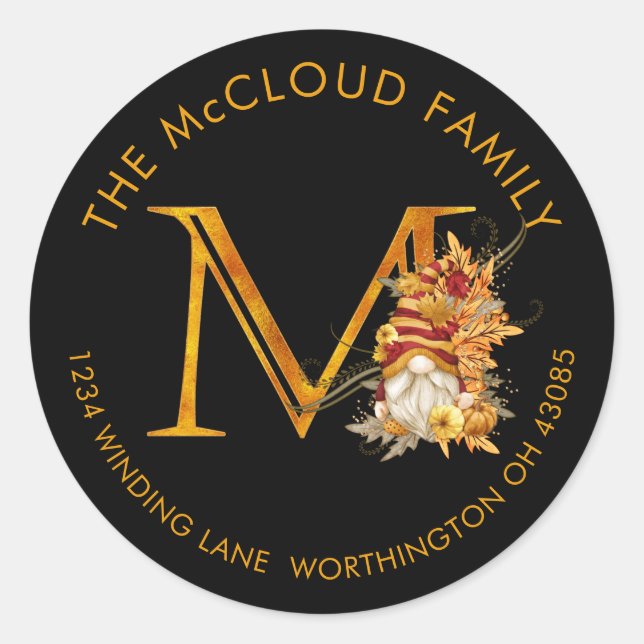 Fall Season Gnome Monogram Letter M Address Label (Front)