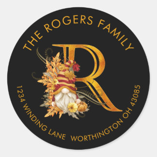 Fall Season Gnome Monogram Letter R Address Label