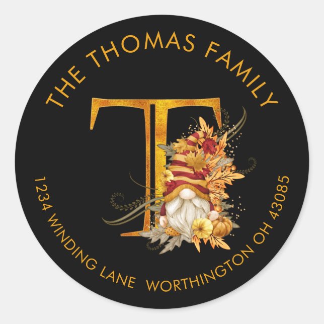 Fall Season Gnome Monogram Letter T Address Label (Front)