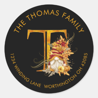 Fall Season Gnome Monogram Letter T Address Label