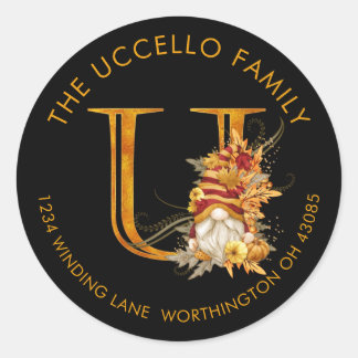 Fall Season Gnome Monogram Letter U Address Label