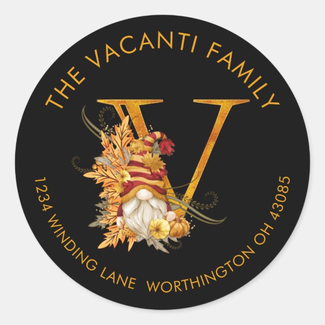 Fall Season Gnome Monogram Letter V Address Label (Front)