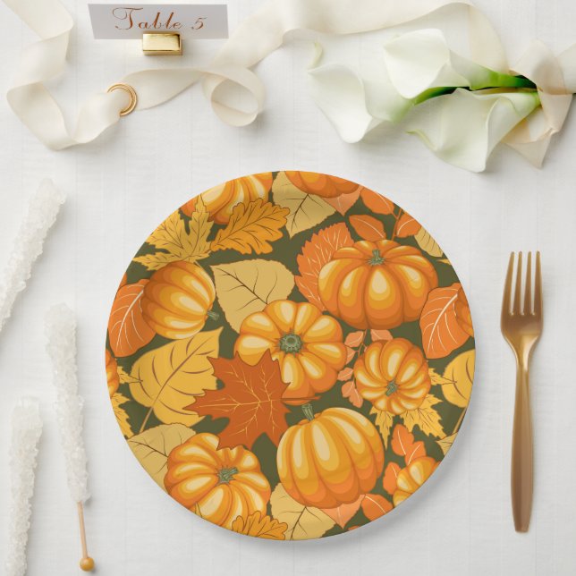 Fall Season Halloween Pumpkins Pattern Paper Plate (Wedding)