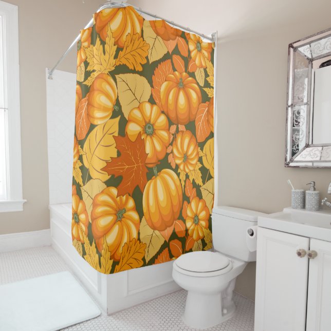 Fall Season Halloween Pumpkins Pattern Shower Curtain (In Situ)