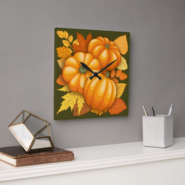 Fall Season Halloween Pumpkins Pattern Square Wall Clock (Office)