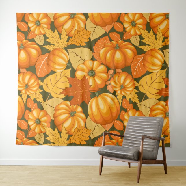 Fall Season Halloween Pumpkins Pattern Tapestry (In Situ (Horizontal))