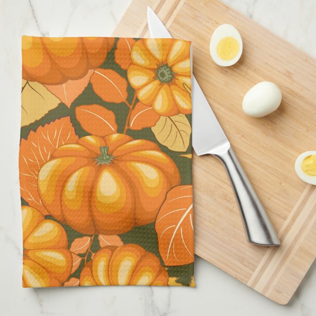 Fall Season Halloween Pumpkins Pattern Tea Towel (Quarter Fold)