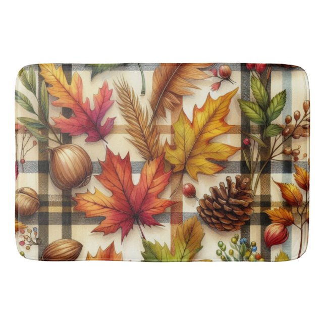  Fall Season Leaves Updated Plaid  Bath Mat (Front)