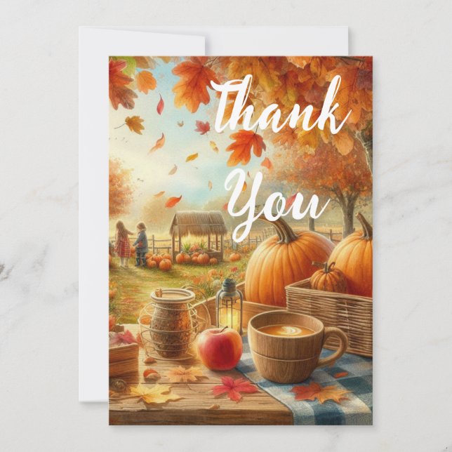 Fall Season Pumpkin and Orange Leaves  Thank You Card (Front)