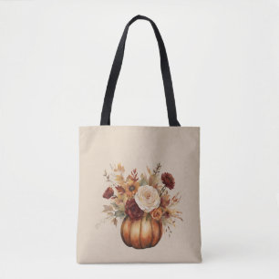 Fall Season-Watercolor Pumpkin and Flowers- Tote Bag