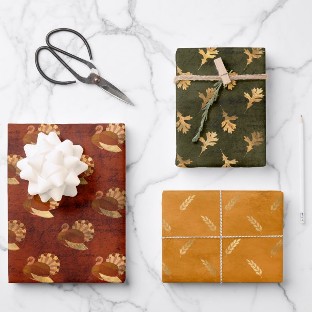 Fall Shabby Chic Golden Turkey Wheat Ears Oak Leaf Wrapping Paper Sheet (Front)
