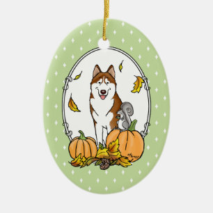 Fall Siberian Husky (red) Pumpkins Leaves Cute Ceramic Tree Decoration
