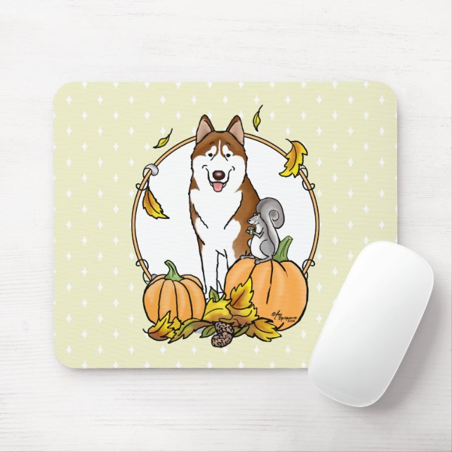 Fall Siberian Husky (red) Pumpkins Leaves Cute Mouse Mat (With Mouse)
