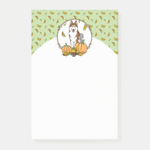 Fall Siberian Husky (red) Pumpkins Leaves Cute Post-it Notes