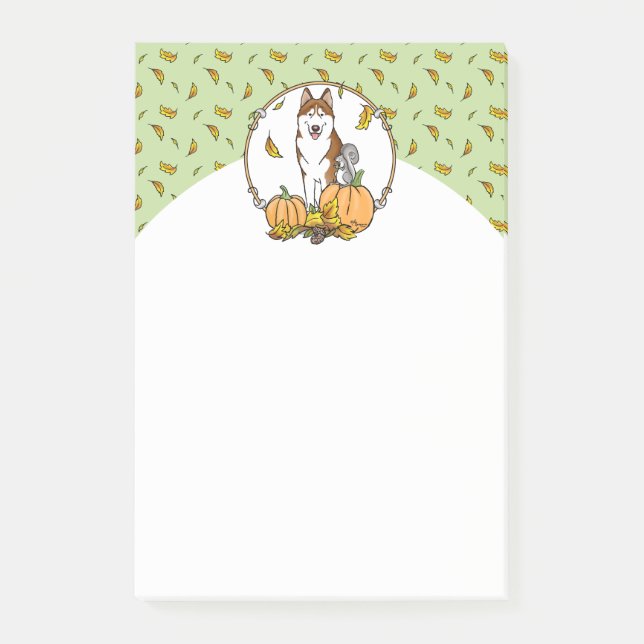 Fall Siberian Husky (red) Pumpkins Leaves Cute Post-it Notes (Front)