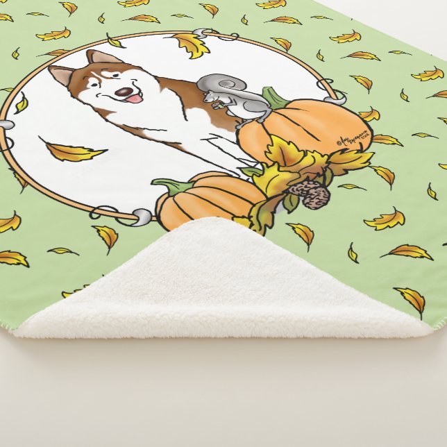 Fall Siberian Husky (red) Pumpkins Leaves Cute Sherpa Blanket (3/4)