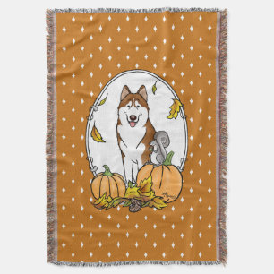 Fall Siberian Husky (red) Pumpkins Leaves Cute Throw Blanket