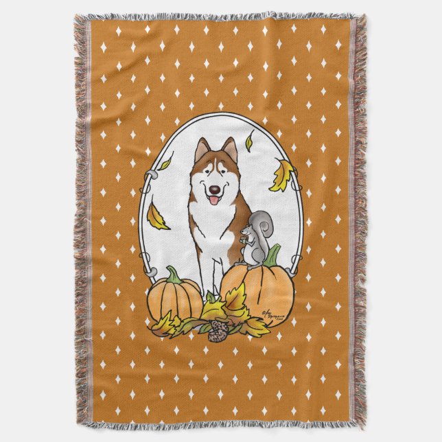 Fall Siberian Husky (red) Pumpkins Leaves Cute Throw Blanket (Front Vertical)