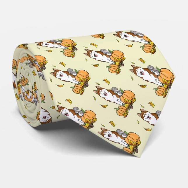 Fall Siberian Husky (red) Pumpkins Leaves Cute Tie (Rolled)