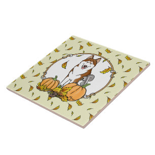 Fall Siberian Husky (red) Pumpkins Leaves Cute Tile
