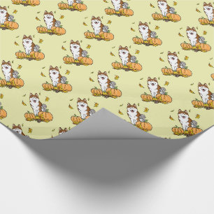 Fall Siberian Husky (red) Pumpkins Leaves Cute Wrapping Paper