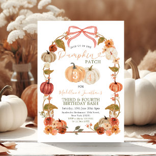 Fall Siblings Pumpkin Patch Gingham Birthday Invitation