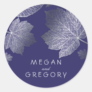 Fall Silver and Navy Leaves Wedding Classic Round Sticker