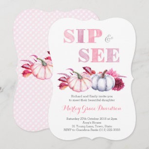 Fall Sip & See Party Cards with Pink Grey Pumpkins