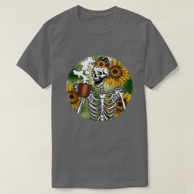 Fall Skeleton Sunflower Pumpkin Spice Latte Coffee T-Shirt (Design Front)